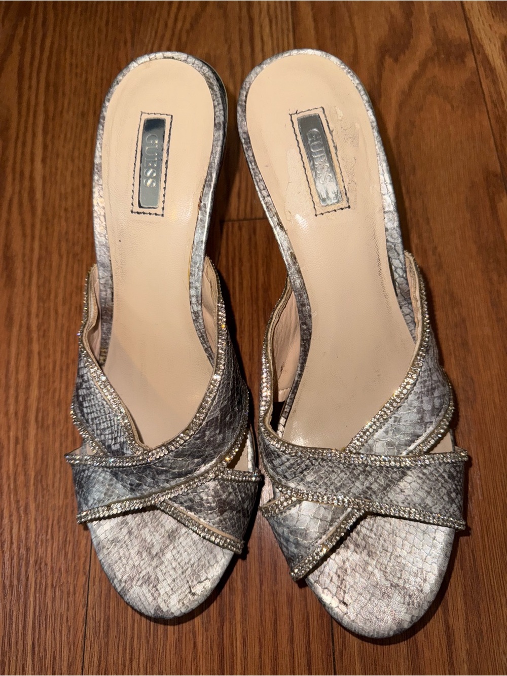 GUESS Metallic Silver Snakeskin wedges!